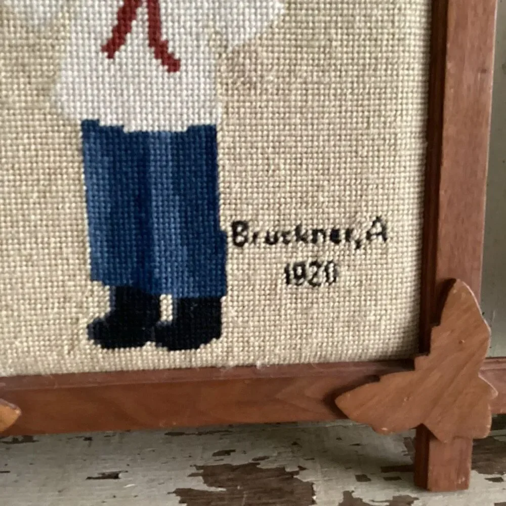 Vintage Needlepoint Sailor Boy Brockner and Girl Fay Flapper Custom Oak Frames